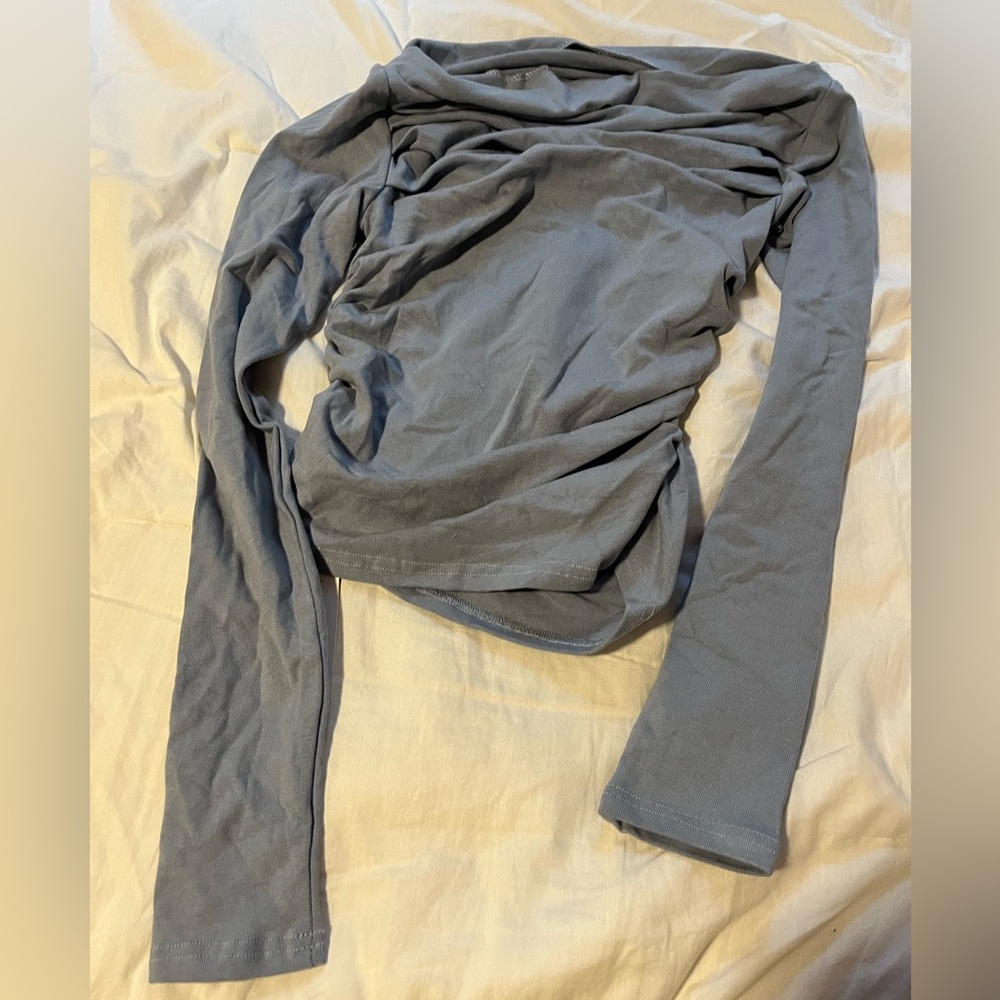 Dating Off-Shoulder Ruched Long-Sleeve Top - Slate Blue - Picture 4 of 4